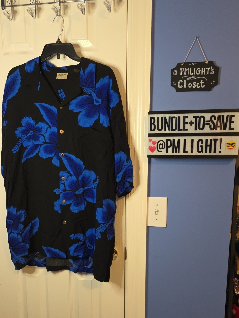 Aloha Hut Hawaii Black Hawaiian Shirt with Bold Royal Blue Floral Print XL